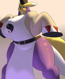 anthro belt big_breasts black_sclera breasts clothing eboshi facial_markings female fur green_eyes head_markings markings onmyouji robe simple_background slightly_chubby solo thick_thighs venus_figure yellow_body yellow_fur somniumfox bandai_namco digimon digimon_(species) taomon hi_res