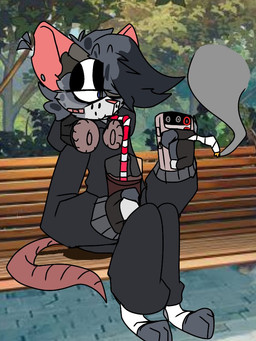 3_toes anthro blue_eyes bottomwear cigarette clothing drinking electronics feet grey_body headphones jacket male pants sitting solo tail toes topwear wannapossums rutfer_j._randtex mammal murid murine rat rodent 3:4