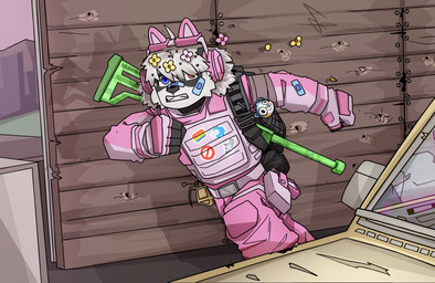 accessory armor bandage bandage_on_face bandage_on_nose belt electronics explosives fake_cat_ears fake_ears flower flower_in_hair grenade hair hair_accessory headphones heterochromia male plant running sharp_teeth short_hair teeth weapon arch3y activision ambient_among_us call_of_duty ambient_crewmate_(among_us) bear giant_panda mammal absurd_res hi_res
