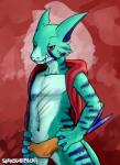 anthro clothed clothing fur green_body green_fur hands_on_hips iron_artist male membrane_(anatomy) nipples red_eyes scar simple_background solo webbed_hands whiskers bastriw aquanis marine 2017 digital_media_(artwork) hi_res