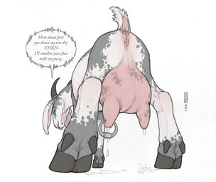 anus bodily_fluids cloven_hooves dewclaw_hooves dialogue dominant dominant_female eyelashes female female_feral feral genitals hooves horn iris lactating logo low-angle_view milk_drip nipple_piercing nipple_ring nipples piercing pupils quadruped raised_tail rear_view ring_piercing simple_background snout solo speech_bubble tail tail_anus teats text udders vulva white_background ecmajor chamomile_trouble bovid caprine goat mammal 2026 artist_logo dated english_text