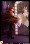 anthro boa_(clothing) breasts brush clothing exposure_variation fedora female fur hair hat headgear headwear legwear looking_at_mirror looking_at_object mirror mostly_nude nipples orange_body orange_fur red_hair reflection smile solo stockings text thong underwear yellow_eyes azaleesh aeril_(helios) canid canine fox mammal red_fox true_fox hi_res url