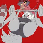 abs angry anthro big_breasts black_hair bra breasts burger butt butt_focus claws clenched_teeth clothed clothing concentration duo emotional exercise feet female female/female fluffy_ears focused food foot_focus fur hair horn lying motivation_memes no_underwear on_back pawpads paws raised_paw red_background red_eyes shirt short_hair simple_background smile smug soles sport sports_bra straining teeth toes topwear underwear weightlifting weights white_hair workout yellow_eyes woofarin helluva_boss loona_(helluva_boss) millie_(helluva_boss) canid canine canis demon humanoid imp mammal wolf hi_res