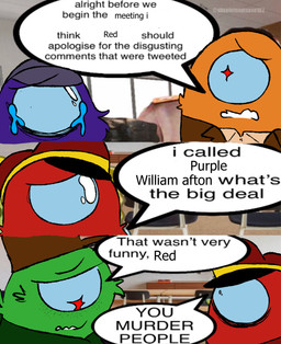 ambiguous_gender bodily_fluids clothing crying freckles fur green_body green_fur group hat headgear headwear meme_redraw orange_body orange_fur pupils purple_body purple_fur red_body red_fur red_pupils tears text you_murder_people kr33perklown one_rttdklwn among_us innersloth crewmate_(among_us) green_(among_us) impostor_(among_us) orange_(among_us) purple_(among_us) red_(among_us) absurd_res comic english_text hi_res meme