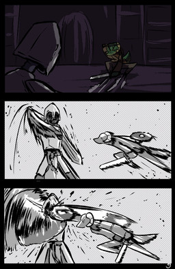 anthro female holding_melee_weapon holding_object holding_shield holding_sword holding_weapon melee_weapon shield shield_on_back sword weapon yellow_eyes brradett microsoft the_elder_scrolls lernie_(brradett) argonian scalie comic hi_res