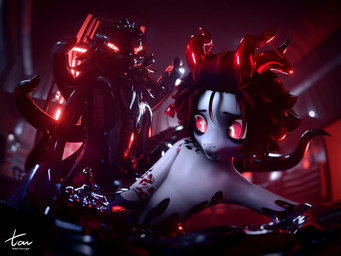 ambiguous_gender anthro arm_tattoo corruption duo horn imminent_transformation latex spiral spiral_eyes tattoo tavvy_tav dreddy_(dreddyhypno) bovid caprine goat imp latex_creature mammal 3d_(artwork) absurd_res digital_media_(artwork) hi_res source_filmmaker_(artwork) nonbinary_(lore)