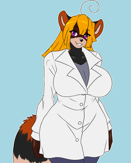 anthro big_breasts biped black_body black_fur blonde_hair breasts brown_body brown_fur clothing coat female front_view fur grin hair lab_coat purple_eyes red_body red_fur smile solo standing tan_body tan_fur topwear furball raina ailurid mammal red_panda 4:5 hi_res