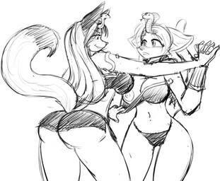 anthro armor assisted_exposure bangle big_breasts blush bra bra_pull bracers breasts butt clothing clothing_pull dipstick_tail duo female hair hand_holding headgear headwear jewelry long_hair markings midriff nipples one_breast_out panties short_hair tail tail_markings underwear underwear_pull uraeus wide_hips tgwonder canid canine domestic_cat felid feline felis fox mammal 2013 black_and_white monochrome sketch