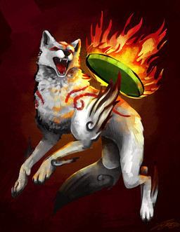 3_toes ambiguous_feral ambiguous_gender bent_legs black_claws black_nose black_sclera black_tail_tip claws dipstick_tail empty_eyes feet feral fire fur fur_markings light markings multicolored_body multicolored_fur multicolored_tail open_mouth paws quadruped red_background red_markings red_tongue sharp_teeth simple_background solo tail tail_markings teeth toe_claws toes tongue white_body white_fur white_tail gaelfox capcom okami_(capcom) amaterasu_(okami) canid canine canis deity mammal wolf 2013 colored digital_media_(artwork) digital_painting_(artwork) english_description full-length_portrait hi_res lighting painting_(artwork) portrait shaded signature female_(lore)