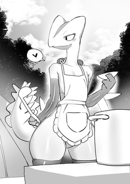 anthro apron armwear clothing heart_symbol holding_object kitchen_utensils ladle legwear outside solo speech_bubble squish thigh_highs thigh_squish tools otonashi nintendo pokemon generation_3_pokemon pokemon_(species) sceptile 2022 absurd_res hi_res monochrome