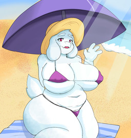 anthro beach big_breasts bikini breasts clothing curvy_figure eyelashes fangs female floppy_ears front_view fur gesture hat headgear headwear huge_breasts lop_ears navel pink_eyes purple_bikini purple_clothing purple_swimwear sea sitting solo straw_hat swimwear teeth thick_thighs two-piece_swimsuit voluptuous water waving waving_at_viewer white_body white_fur wide_hips faetomi undertale_(series) toriel boss_monster_(undertale) bovid caprine goat mammal hi_res