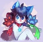 4_fingers ahoge anthro bangs big_ears big_eyes biped black_body black_fur black_hair black_tail blue_background blue_eyes blue_pawpads claws collar dark_body dark_fur dark_hair fingers fluffy fluffy_tail front_view fur gloves_(marking) glowing hair handpaw light_body light_fur looking_at_viewer markings mostly_nude multicolored_body multicolored_fur pale_fur pawpads paws red_pawpads scarf short_hair simple_background sitting solo tail text white_body white_fur sony-shock mammal english_text portrait signature