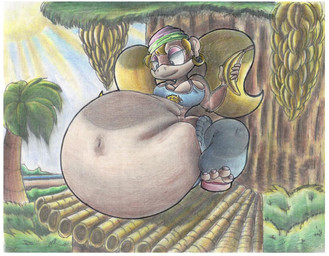 anthro banana belly big_belly blonde_hair blue_clothing breasts clothing female food fruit hair huge_belly hyper hyper_belly outside overweight plant pregnant pregnant_anthro pregnant_female sitting solo virus-20 donkey_kong_(series) nintendo tiny_kong haplorhine mammal monkey primate 2013 traditional_media_(artwork)