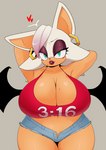 anthro big_breasts breasts cleavage clothed clothing ear_piercing ear_ring eyeshadow female green_eyes huge_breasts looking_at_viewer makeup piercing ring_piercing skimpy smile smiling_at_viewer solo berkthejerk sega sonic_the_hedgehog_(series) rouge_the_bat bat mammal 2023 digital_media_(artwork) hi_res