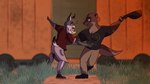 anthro clothed clothing dancing duo grass hat_off male male/male plant pose skull_symbol chubbyfoxquest echo_(game) echo_(series) echo_project sydney_bronson tj_hess canada_lynx felid feline lynx mammal mustelid otter 16:9 widescreen