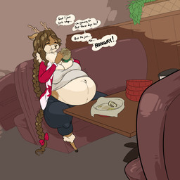 anthro belly big_belly big_breasts black_clothing black_leggings black_legwear braided_hair breasts brown_body brown_fur brown_hair burger cleavage clothed clothing dialogue digestion digestion_noises eating eating_food eyes_closed female food fur grey_clothing grey_shirt grey_tank_top grey_topwear growth hair hooves hungry jacket leggings legwear long_hair navel pregnancy_expansion pregnancy_progression pregnant pregnant_anthro pregnant_female raised_clothing raised_shirt raised_topwear rumbling_stomach shirt solo speech_bubble stuffing tan_body tan_fur tank_top text thick_thighs thought_bubble topwear unguligrade sinfullapis olive_(rawk_manx) deer mammal new_world_deer reindeer 1:1 absurd_res english_description english_text hi_res sequence