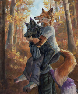 anthro arms_around_partner athletic athletic_male black_body black_bottomwear black_clothing black_fur black_inner_ear_fluff black_pants bottomwear carrying_another cheek_tuft clothed clothed_male clothing countershading day dipstick_ears dipstick_tail duo ear_markings eyebrows eyes_closed facial_tuft fluffy fluffy_tail forest fully_clothed fully_clothed_male fur grey_bottomwear grey_clothing grey_pants grey_sleeveless_shirt grin holding_partner inner_ear_fluff intraspecies looking_at_another looking_at_partner looking_back looking_back_at_another looking_back_at_partner love male male/male male_anthro markings multicolored_ears neck_tuft orange_body orange_fur orange_leaves outside pants piggyback plant purple_body purple_fur romantic shirt side_view sky sleeveless_shirt slim_male smile standing t-shirt tail tail_markings tan_inner_ear_fluff topwear tree tuft whisker_spots whiskers white_body white_clothing white_fur white_shirt white_t-shirt white_topwear yellow_eyes akatan_art akatan_(character) shadz_(akatan_art) canid canine fox mammal acrylic_painting_(artwork) hi_res painting_(artwork) portrait three-quarter_portrait traditional_media_(artwork) traditional_painting_(artwork)