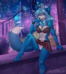 4_toes 5_fingers anthro blue_body blue_eyes blue_fur blue_hair clothed clothing feet female fingers fur hair navel smile solo toes imanika zoe_zamora canid canine fox mammal 2019 digital_media_(artwork)