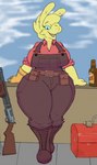 alcohol anthro beer beverage big_breasts blue_eyes boots breasts clothing ear_piercing ear_ring female footwear fur gloves handwear huge_thighs leaning_on_wall looking_at_viewer low_wall overalls pear-shaped_figure piercing ring_piercing shoes smile smiling_at_viewer solo thick_thighs weapon wide_hips yellow_body yellow_fur delfucko goatonomous third-party_edit team_fortress_2 valve engineer_(team_fortress_2) miss_b camelid llama mammal hi_res