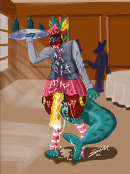 4_fingers 4_toes animal_genitalia animal_penis anthro blush blush_lines bodily_fluids bottomwear clothed clothing crossdressing cum cum_covered cum_drip digitigrade dripping embarrassed equine_genitalia equine_penis erection erection_under_skirt feet femboy fingers fur genital_fluids genitals inside legwear machine male messy penis protogen_visor public public_exposure screen screen_face skirt solo standing tail teal_body teal_fur thick_tail thigh_highs toes waiter yellow_penis jmprotogen protogen 3:4 hi_res