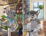 anthro baking clothed clothing cooking detailed_background dinner_date duo egg food hair male male/male romantic smile leon_barbarosa curlyshep lou_(thewolf) canid canine canis domestic_dog german_shepherd herding_dog husky mammal mixed_breed nordic_sled_dog pastoral_dog shepsky spitz wolf digital_media_(artwork) hi_res