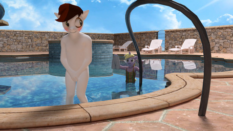 accident accidental_exposure anthro blonde_hair blush brown_body brown_fur brown_hair chair clothing covering covering_crotch duo embarrassed embarrassing_nudity female fur furniture grey_body grey_clothing grey_fur grey_swimwear hair holding_clothing holding_object holding_swimming_trunks holding_swimwear horn looking_back lounge_chair male multicolored_clothing multicolored_swimwear nude one-piece_swimsuit rainbow_clothing rainbow_swimwear reflection swimming_pool swimming_trunks swimwear text wardrobe_malfunction water white_body white_fur young young_anthro young_female young_male jawolfadultishart friendship_is_magic hasbro my_little_pony mythology dinky_hooves_(mlp) pipsqueak_(mlp) earth_pony equid equine horse mammal mythological_creature mythological_equine pony unicorn 16:9 3d_(artwork) digital_media_(artwork) english_text hi_res widescreen