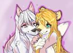 anthro brown_nose brown_spots duo female fingers fur hair long_hair markings multicolored_body multicolored_fur spots spotted_body spotted_fur two_tone_body two_tone_fur white_body white_fur songgoishtar amaryllis_(amy)_sharmila sakura_d._lyall canid canine canis felid feline jaguar mammal pantherine wolf hi_res