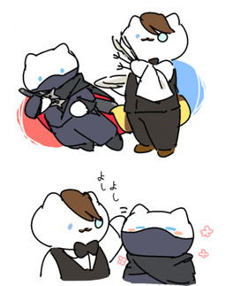 anthro black_bottomwear black_bow_tie black_clothing black_pants black_topwear black_vest blue_eyes blush blush_stickers bottomwear bow_tie brown_hair butler clothed clothing duo eyes_closed eyewear formal_clothing fully_clothed fur hair headpat holding_fork holding_knife holding_object holding_plate holding_shuriken knife male mask monocle ninja ninja_outfit pants pink_blush plate ranged_weapon short_hair shuriken simple_background standing tail text topwear vest warrior weapon white_background white_body white_fur ikeatsunme neko_atsume jeeves_(neko_atsume) whiteshadow_(neko_atsume) domestic_cat felid feline felis mammal 2017 digital_drawing_(artwork) digital_media_(artwork) flat_colors japanese_text multiple_images brother_(lore) brothers_(lore) sibling_(lore)