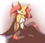 bed bodily_fluids breasts featureless_breasts female fur furniture inner_ear_fluff looking_at_viewer on_bed red_body red_eyes red_fur solo tears tuft yellow_body yellow_fur scheme0241 nintendo pokemon delphox generation_6_pokemon pokemon_(species)