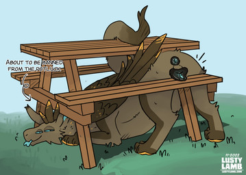 4_eyes animal_genitalia animal_vulva anus ass_up bench blep blue_flesh bodily_fluids brown_body brown_fur butt canine_genitalia canine_vulva feathered_wings feathers female feral fur furniture genital_fluids genitals grass looking_back multi_eye orange_pawpads outside pawpads picnic_table plant presenting presenting_hindquarters puffy_anus solo table text tongue tongue_out vaginal_fluids vulva wings conditional_dnp lustylamb mythology four_eyes_(lustylamb) dragon furred_dragon furred_scalie mythological_creature mythological_scalie scalie 2022 dated english_text url