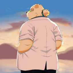 anthro cigarette clothing coat eyebrows eyewear fur glasses hair lab_coat male overweight overweight_male ponytail rear_view smoking solo sunset thick_eyebrows topwear white_body white_fur ruoain lifewonders tokyo_afterschool_summoners leib_(tas) bear mammal polar_bear ursine 1:1 absurd_res hi_res