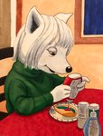 anthro bangs black_nose bottle chair christmas_cookies clothed clothing container cookie food frosting fur furniture green_clothing green_sweater green_topwear hair holding_bottle holding_container holding_food holding_object inside long_hair male paws plate sitting sitting_at_table solo sprinkles sweater table topwear turtleneck white_body white_fur white_hair window young christaphorac ambiguous_species 2023 absurd_res hi_res traditional_media_(artwork) watermark