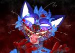 anthro black_nose blood blood_around_mouth blood_on_mouth bodily_fluids female glowing glowing_eyes gore looking_at_viewer open_mouth sharp_teeth simple_background smile solo teeth tongue tongue_out crownedvictory tailskemon canid canine felid fox mammal 2018