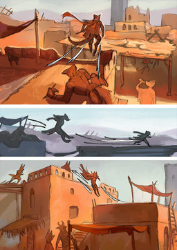 action_scene ambiguous_gender anthro biped bottle building city cloak clothing container digitigrade drinking group hood hood_up jumping middle_eastern_architecture motion_lines outside pointy_ears prick_ears running scarf sky stairs tail urban juliathedragoncat canid canine mammal 2025 comic digital_media_(artwork) digital_painting_(artwork) hi_res painting_(artwork) warm_colors