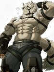 abs anthro big_muscles big_pecs bodily_fluids bottomwear clothed clothing cybernetic_leg cybernetic_limb fingerless_gloves fur gloves hair hand_behind_head handwear male muscular muscular_anthro muscular_male nipples pants pecs shirtless shirtless_male solo straps sweat sweaty_abs sweaty_body sweaty_chest tail topless topless_male white_body white_fur white_hair miazuma_shouki mihoyo zenless_zone_zero von_lycaon canid canine canis mammal wolf 3:4 hi_res