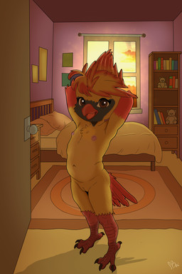 anthro bed bedroom book breasts brown_eyes carpet claws door early_morning feathers feet female fur furniture genitals hands_behind_head light morning navel nipples non-mammal_breasts non-mammal_navel non-mammal_nipples nude pillow plantigrade plushie pose poster small_breasts solo standing sunlight tail tail_feathers talons teddy_bear toe_claws toes toy vulva window yellow_body yellow_fur young young_anthro young_female smol_boye beatrice_townsend_(tsunderepanda) avian bird cardinal_(bird) northern_cardinal oscine passerine 2:3 absurd_res hi_res