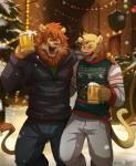 alcohol anthro beer beverage bottomwear brown_body brown_fur brown_hair brown_mane brown_tail christmas_lights christmas_tree claws clothed clothing container cup detailed_background drunk duo eyes_closed fur hair happy holding_container holding_cup holding_object holidays hug jacket laugh male male/male mane mane_hair multicolored_body multicolored_fur open_mouth outside pants pink_tongue plant romantic romantic_ambiance romantic_couple snow snowing street substance_intoxication sweater tail tail_tuft teeth tongue topwear tree tuft two_tone_body two_tone_fur walking white_body white_fur rabbity christmas evane mark_(evane) simon_(evane) cougar felid feline lion mammal pantherine 2014 digital_media_(artwork) hi_res signature story story_in_description