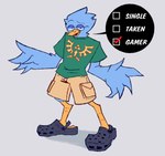 anthro beak blue_body blue_feathers bottomwear cargo_shorts clothed clothing eyewear feathers footwear fully_clothed glasses looking_at_viewer male shirt shorts simple_background smug solo speech_bubble standing text topwear wings yellow_beak chiptunemacaroon crocs deltarune nintendo the_legend_of_zelda undertale_(series) berdly avian bird english_text full-length_portrait hi_res portrait