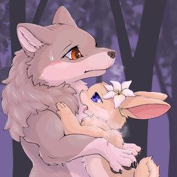 4_toes accessory anthro black_claws black_nose black_pawpads blue_eyes blush bodily_fluids breath brown_body brown_fur claws countershading duo eye_contact eyelashes facial_tuft feet female female/female finger_claws fingers flower flower_accessory fluffy forest fur grey_body grey_fur hair_accessory hug licking looking_at_another multicolored_body multicolored_fur nature nature_background neck_tuft open_mouth orange_eyes outside pawpads paws pink_nose pink_tongue plant predator/prey purple_eyes semi-anthro short_tail side_view size_difference sweat sweatdrop tail tan_body tan_fur toe_claws toes tongue tongue_out tree tuft two_tone_body two_tone_fur white_body white_fur fusau canid canine canis domestic_rabbit lagomorph leporid mammal oryctolagus rabbit wolf 1:1 2023 digital_media_(artwork) hi_res shaded