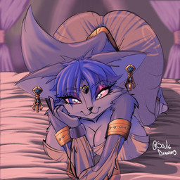 anthro arabian ass_up bed big_breasts big_butt blue_body blue_eyes blue_fur breasts butt ear_piercing female fur furniture harem harem_outfit huge_breasts jewelry piercing solo wide_hips soulsdrawing nintendo star_fox krystal_(star_fox) canid canine fox mammal 1:1
