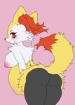 anthro belly big_belly big_breasts big_butt breasts butt female looking_at_viewer nipples pregnant pregnant_anthro pregnant_female raised_tail rear_view smile smiling_at_viewer solo tail xalloir nintendo pokemon braixen generation_6_pokemon pokemon_(species) absurd_res colored hi_res