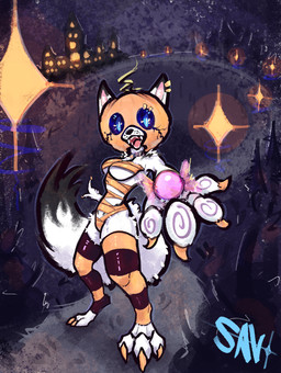 anthro blue_eyes breasts candy claws clothing collar dessert digitigrade dipstick_tail female food fur holding_candy holding_food holding_object legwear looking_at_viewer markings night open_mouth outside pattern_clothing pattern_legwear pattern_stockings pumpkin_hat smile solo stockings striped_clothing striped_legwear striped_stockings stripes tail tail_markings white_body white_fur savielle canid mammal 2026 absurd_res digital_media_(artwork) hi_res