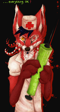 anthro beard black_hair black_nose clothing cross facial_hair fur hair headgear headwear looking_at_viewer male nurse nurse_clothing nurse_headwear pseudo_hair red_body red_fur simple_background smile solo syringe teeth tentacle_hair tentacles white_body white_fur yellow_eyes jolokas lapfox_trax renard_queenston canid canine fox mammal detailed hi_res