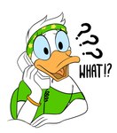 1970s 1970s_clothing accessory adolescent anatid anseriform anthro avian bird clothing daisy_duck disney duck electronics female gay_panic green_clothing green_headband green_shirt green_topwear headband hi_res landline_phone lunula_(artist) minnie_&_daisy:_best_friends_forever phone question_mark shirt solo surprised_expression surprised_face topwear young