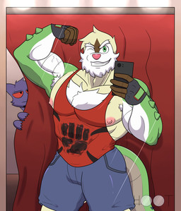 anthro armpit_hair biceps body_hair bottomwear cellphone chest_hair clothing duo electronics flexing gloves grin hair handwear male male/male mirror muscular nipples phone red_eyes reflection shirt shorts smile solo_focus tank_top topwear dg254 nintendo pokemon chesnaught generation_1_pokemon generation_6_pokemon gengar ghost pokemon_(species) spirit absurd_res digital_media_(artwork) hi_res portrait three-quarter_portrait