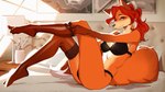 anthro bed bed_sheet bedding bedroom clothing clothing_pull feet female fur furniture game_cg hair legwear lingerie red_body red_fur red_hair romantic romantic_ambiance side_view solo stockings sunny foggy_capybara furlough_games sex_and_the_furry_titty isabella_(furlough_games) canid canine fox mammal red_fox true_fox 16:9 hi_res widescreen