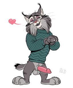 3_toes animal_genitalia anthro balls bedroom_eyes biped bottomless bottomless_anthro bottomless_male cheek_tuft clothed clothing ear_tuft erection facial_tuft feet fingers fur genitals glans half-closed_eyes looking_at_viewer male male_anthro mismatched_genitalia mismatched_penis narrowed_eyes open_mouth open_smile pattern_clothing pattern_topwear penis plantigrade seductive sheath short_legs simple_background smile solo standing sweater sweater_only tail toes topwear topwear_only tuft urethra whiskers year nikraccoom disney zootopia pawbert_lynxley canada_lynx felid feline lynx mammal 2025 dated digital_media_(artwork) full-length_portrait hi_res portrait signature