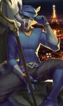 anthro boots clothing eiffel_tower footwear gloves handwear hat headgear headwear male melee_weapon paris polearm shoes solo teeth weapon momobeda sly_cooper_(series) sony_corporation sony_interactive_entertainment sucker_punch_productions sly_cooper mammal procyonid raccoon 3:5