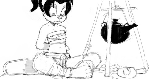 4_toes anthro belt beverage black_hair black_nose book campfire chest_wraps clothed clothing countershade_face countershading feet female flat_chested hair kettle leg_wraps looking_down nipple_slip nipples pantsless ponytail simple_background sitting sitting_on_ground smile solo tea toes undressing white_background wraps young young_anthro young_female smekbo blizzard_entertainment warcraft li_li_stormstout bear mammal pandaren 2019 digital_drawing_(artwork) digital_media_(artwork) hi_res monochrome sketch