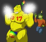 andromorph anthro apple athletic athletic_anthro athletic_intersex belly big_bulge big_pecs body_writing bottomwear bulge cheek_spikes clothed clothing duo eyes_closed facial_spikes fire food fruit green_body green_skin grin holidays horn intersex leaf leaf_hair lemon male multicolored_clothing musclegut muscular muscular_arms muscular_male muscular_thighs navel nipples open_mouth pants pecs plant plant_hair pseudo_hair rainbow_clothing shirt shocked simple_background skimpy smile sparkler spikes spikes_(anatomy) teeth thick_thighs tongue topwear white_eyes worried writing_on_chest yellow_body yellow_skin geng mythology new_year crispin_(geng) meyers_(geng) dragon elemental_creature flora_fauna food_creature fruit_dragon living_fruit mythological_creature mythological_scalie scalie 2016 colored shaded